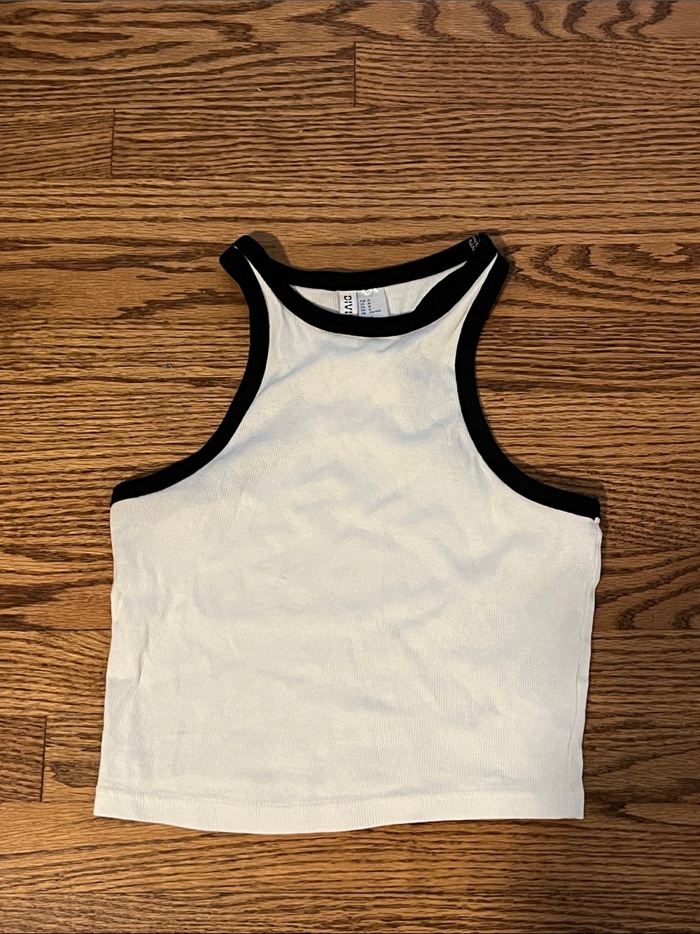 Ribbed Cropped Racerback Tank Top White Black Trim Size M